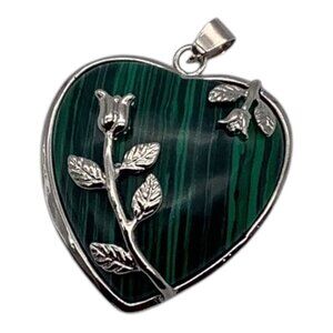 Heart Shaped Green Malachite Pendant Silver Rose Design Women DIY Floral Striped